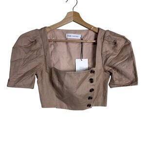 Fame & Partners Linen Puff Sleeve Side Button Crop Top US 2 resort summer classy